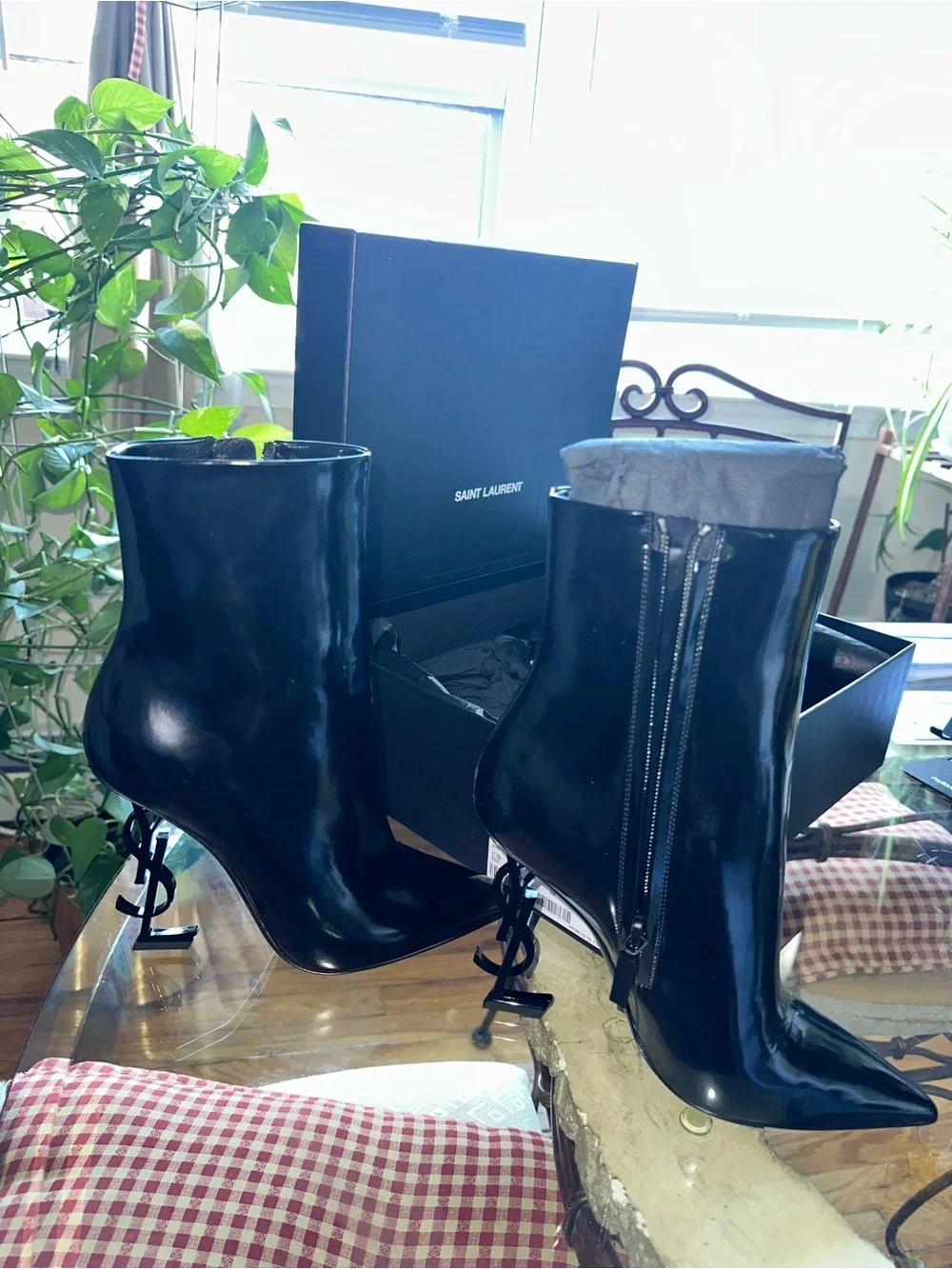 Saint Laurent Opyum Black Patent Leather Boots with YSL Logo Heel | Brand New